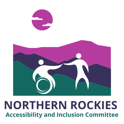 Stylized logo showing two simplified white human figures in front of layered mountain shapes. One figure is using a wheelchair and reaching toward a standing figure, symbolizing support and inclusion. Behind them are purple and dark blue mountains with a purple sun and small clouds above. Text below reads: “Northern Rockies Accessibility and Inclusion Committee.”