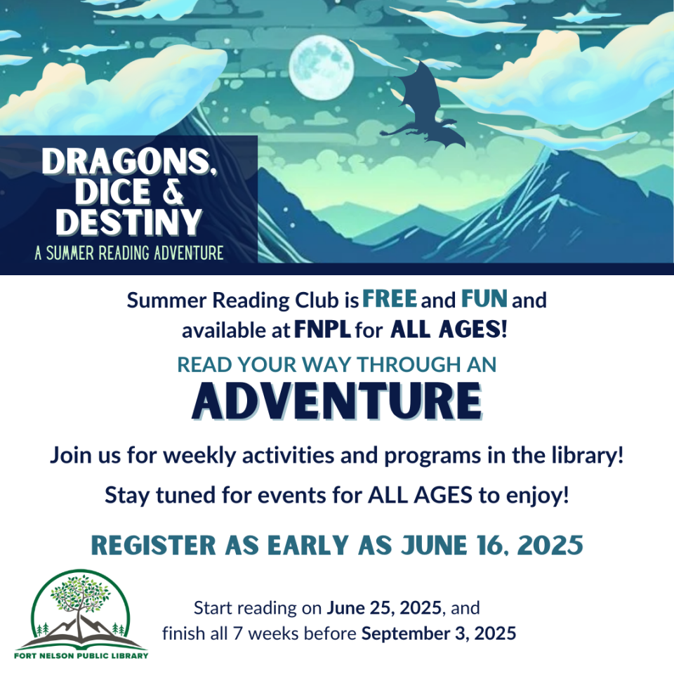 Dragons and mountains graphic with text about a summer reading club.