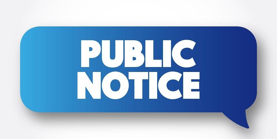Blue speech bubble with "Public Notice" in bold white text.