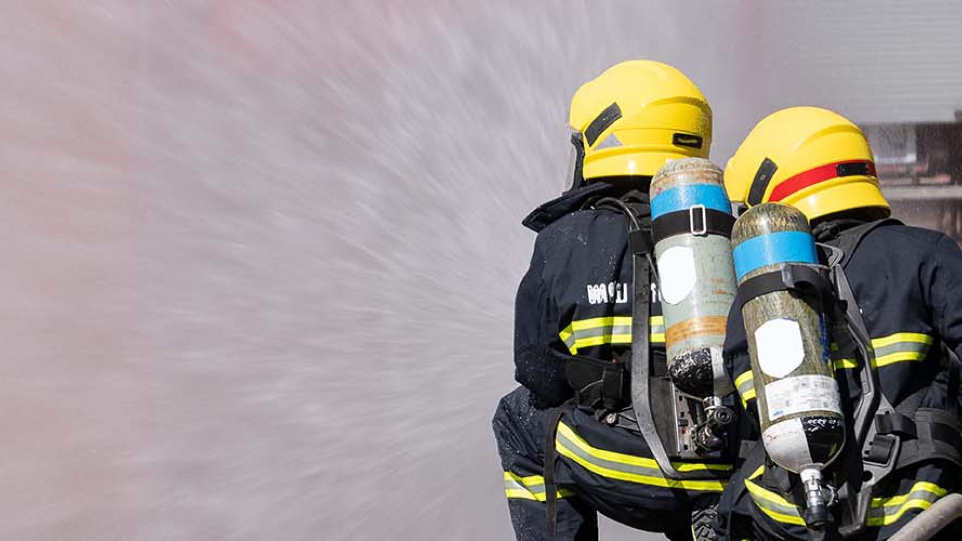 firefighters spraying with a hose