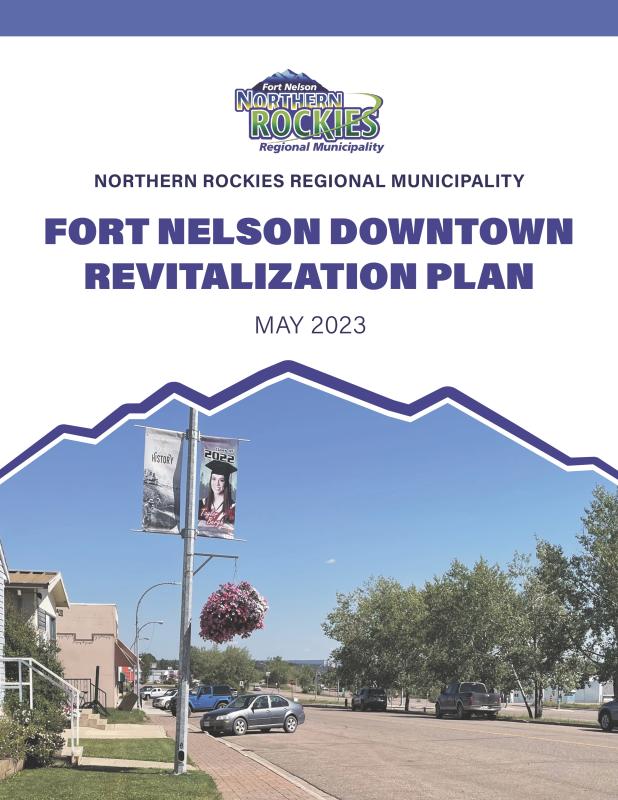 Revitalization plan cover; street view with blue sky, trees, and banners.