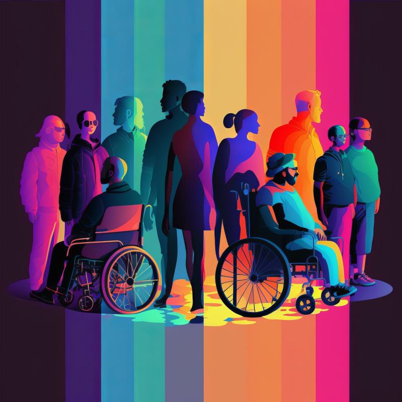 Diverse group of people, some in wheelchairs, with a colourful striped background.
