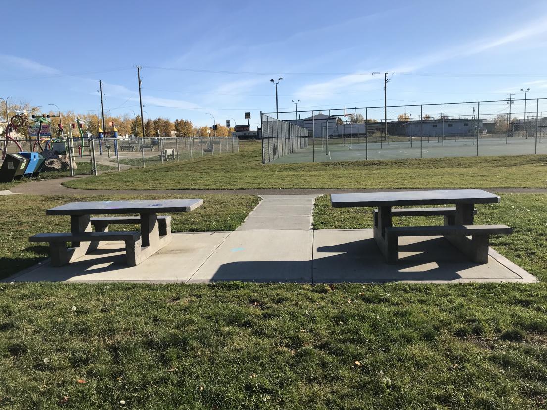 Two picnic tables on grass, sunny day, park setting with fences in background.