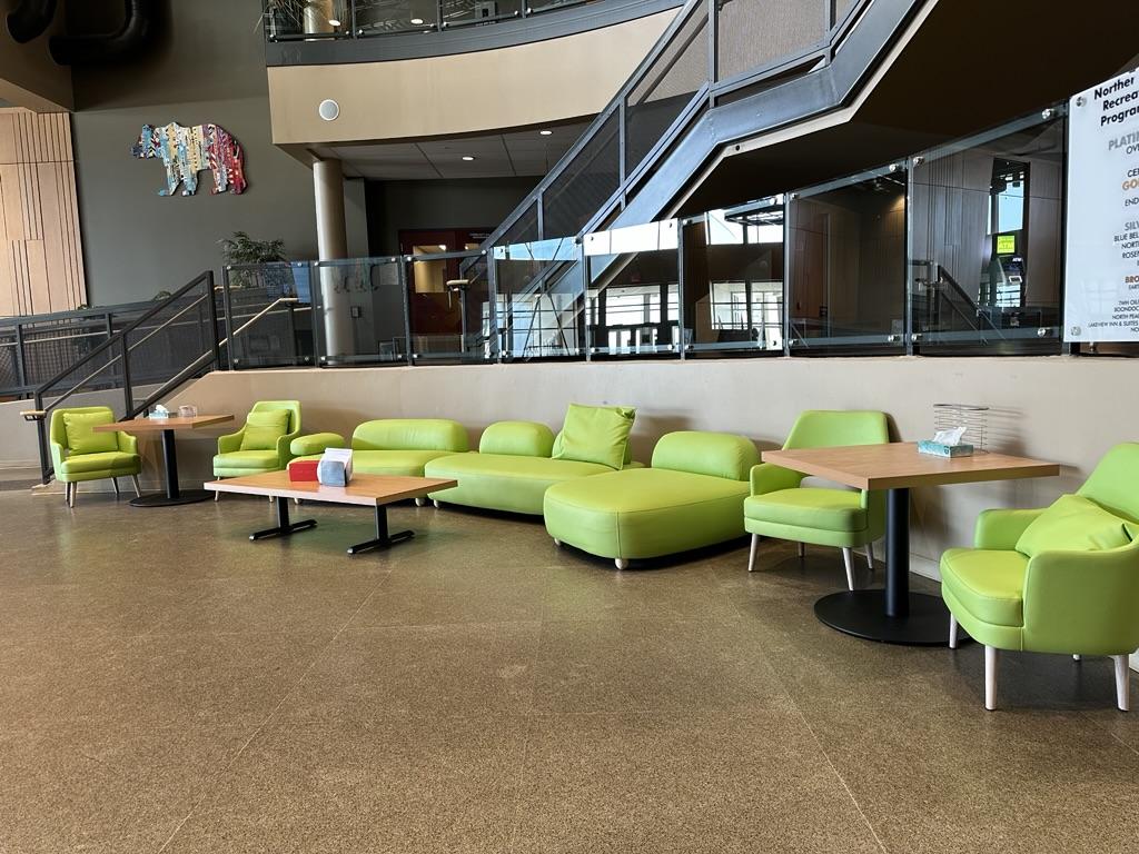 Bright green furniture pictured at Recreation lobby.