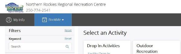 Northern Rockies Regional Recreation Centre website interface.