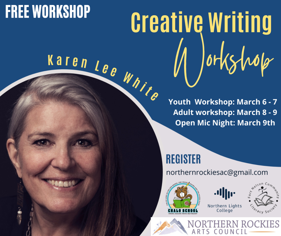 Creative Writing Workshop flyer with headshot of a smiling woman.