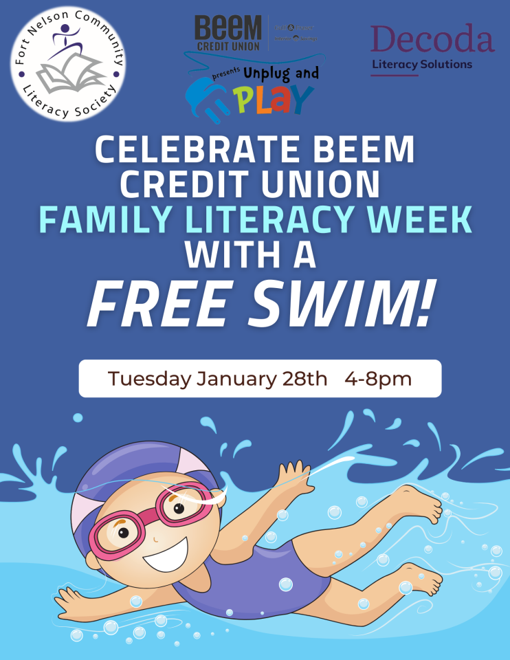 Smiling cartoon child swimming in water, wearing purple swim gear.