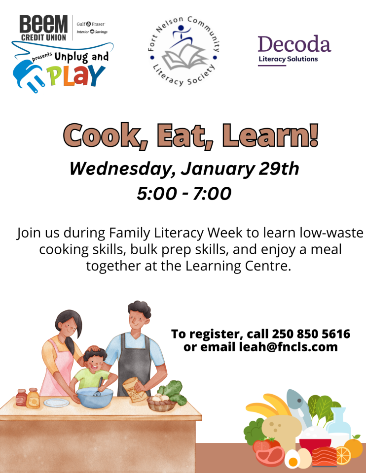 Event flyer with family cooking illustration.