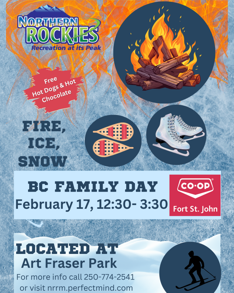 BC Family Day event poster with campfire, snowshoes, and ice skates.