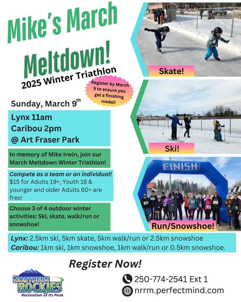 Mike's March Meltdown winter triathlon flyer with skiing and running photos.
