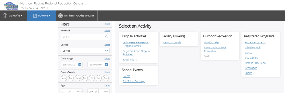 Online form interface with sidebar filters and search options.