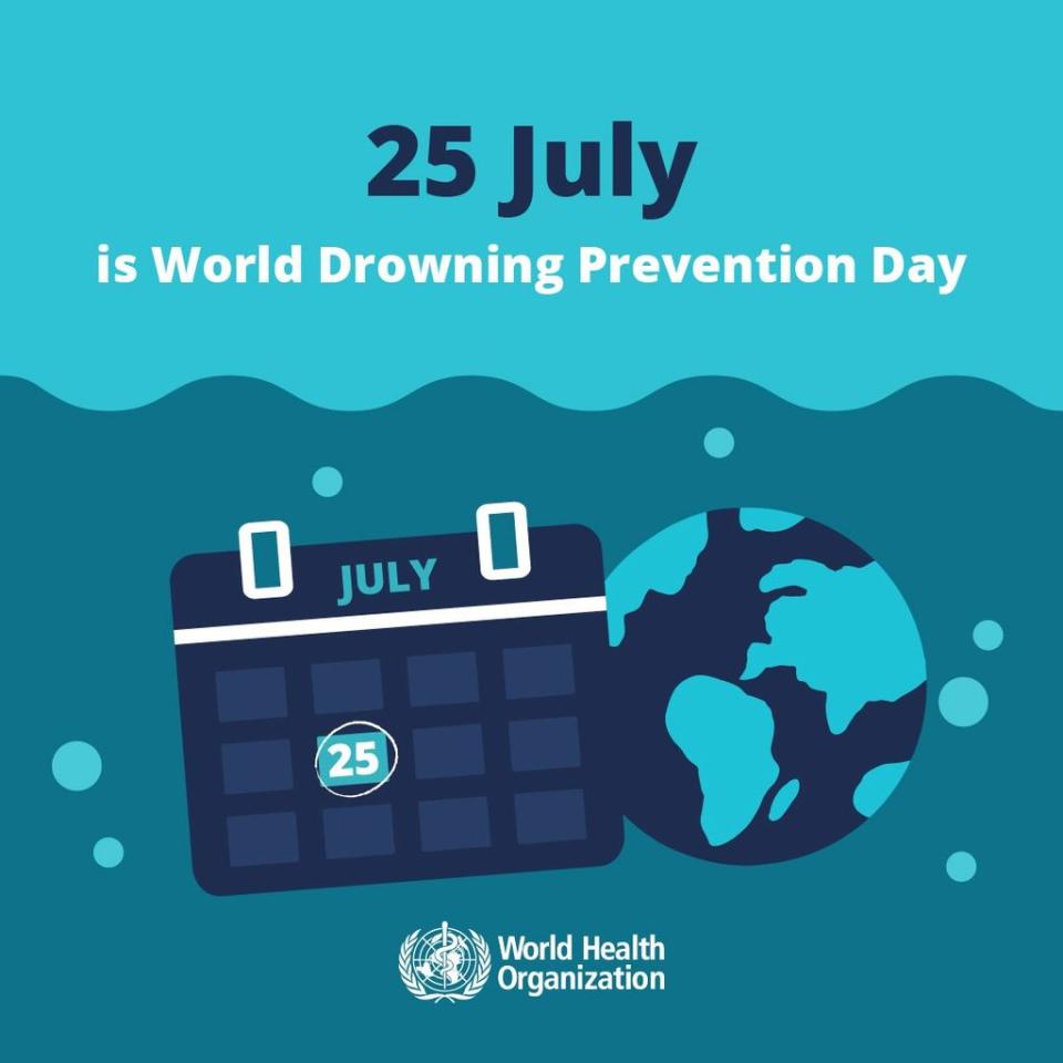  Blue calendar, ocean and globe graphic for July 25, World Drowning Prevention Day.