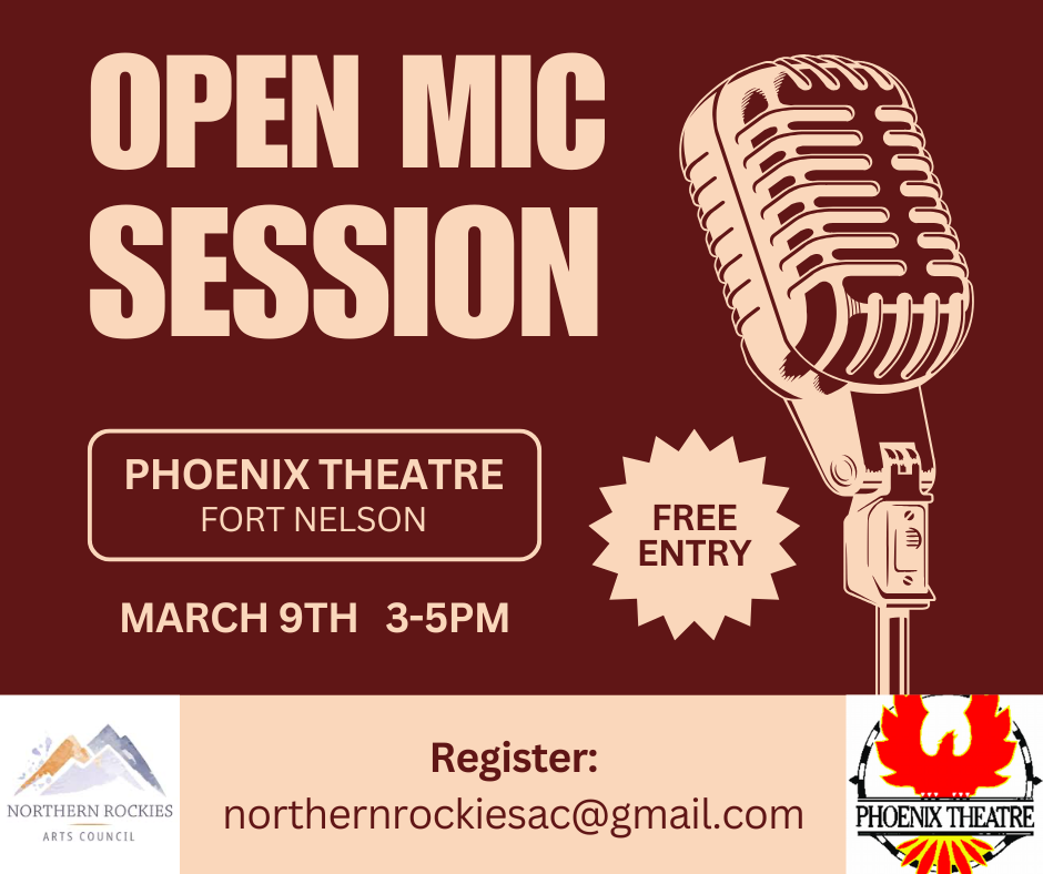 Open mic session graphic with vintage microphone, date, and location details.