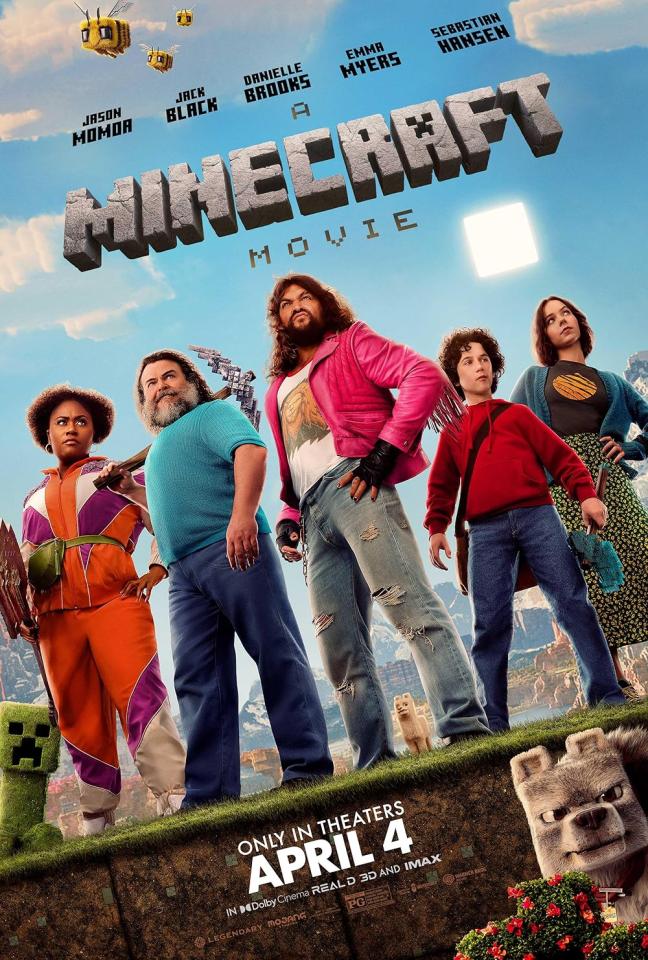 Film poster with five people in a Minecraft world, April 4 release date shown.