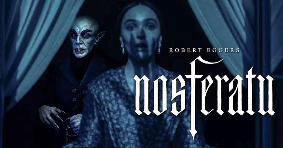 Ghoulish figure behind woman, with text "Nosferatu" in gothic font.