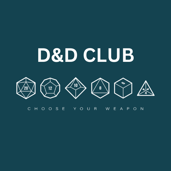 D&D Club logo featuring various dice icons on a teal background.