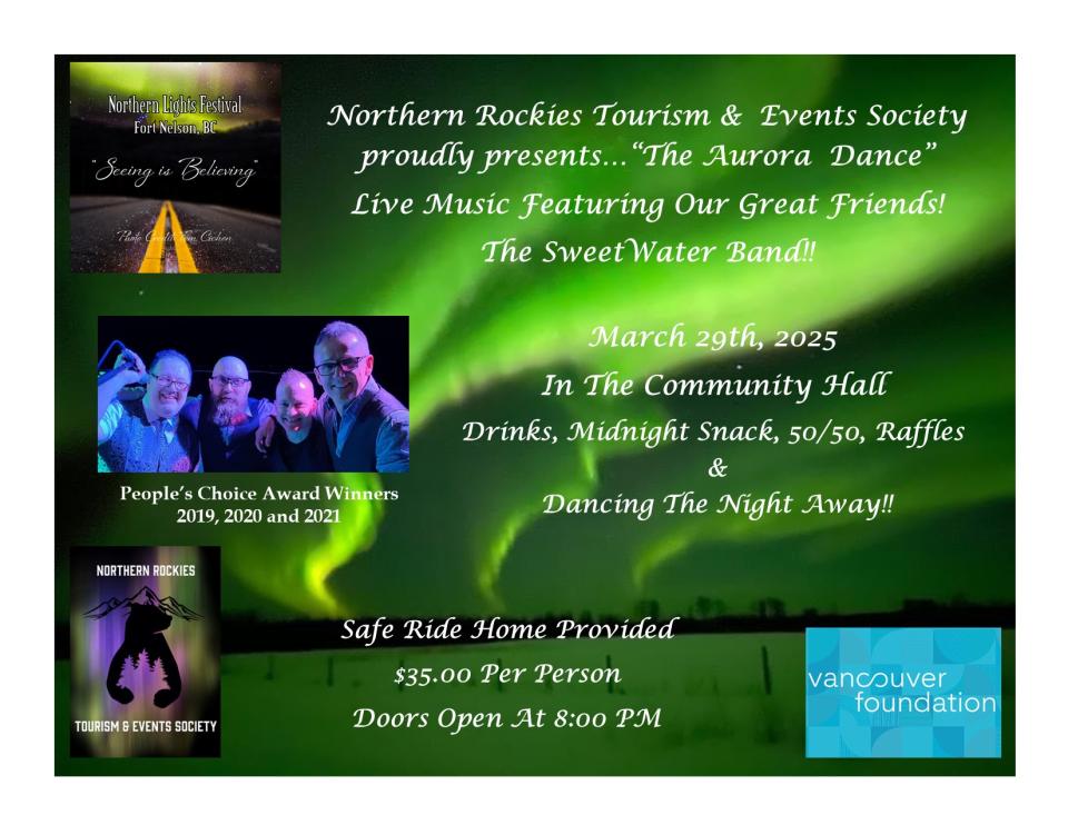 Event poster with northern lights and photo of four male band members.