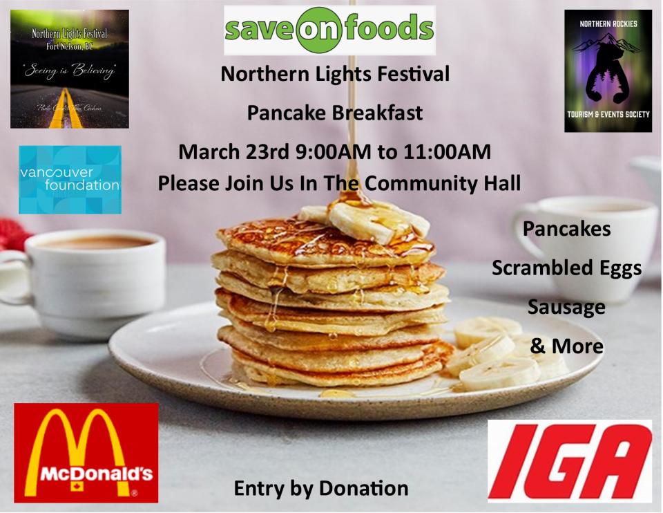 Stack of pancakes with syrup and butter, coffee cups; sponsor logos of Save-On-Foods, McDonald's, IGA.
