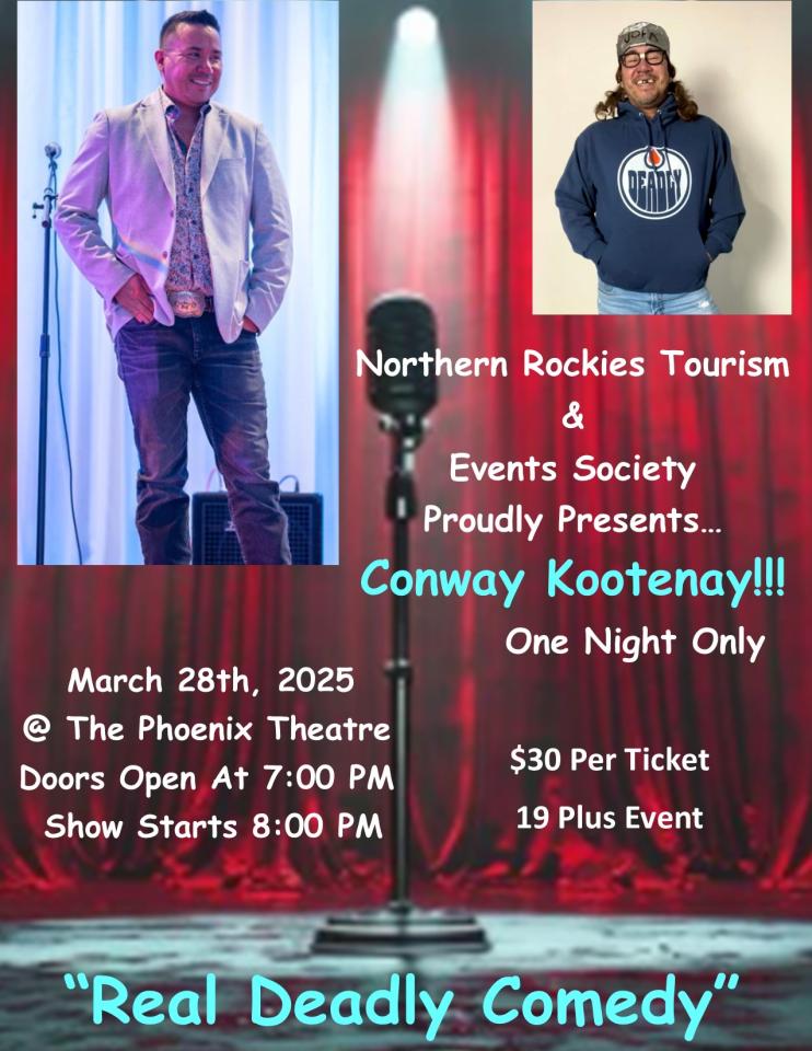 Poster showing man on stage at mic, with "Real Deadly Comedy" slogan.