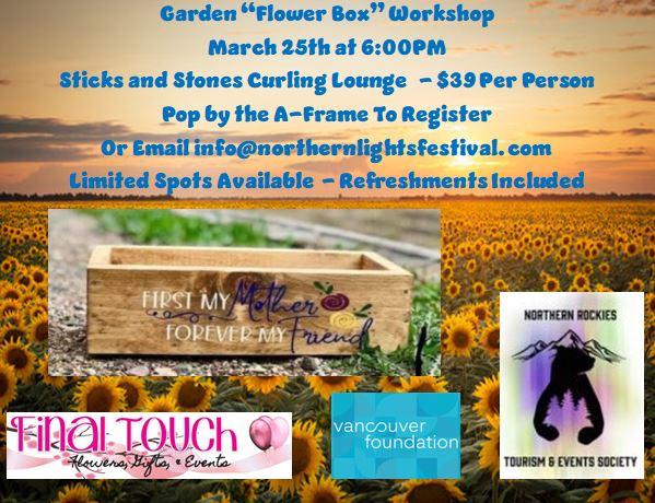 Workshop flyer with a flower field background and engraved wood garden box.