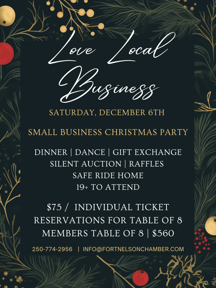 Festive flyer with gold and red ornaments on a dark background.