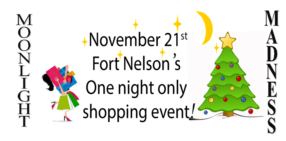 Moonlight Madness event poster with a Christmas tree and shopping bags.