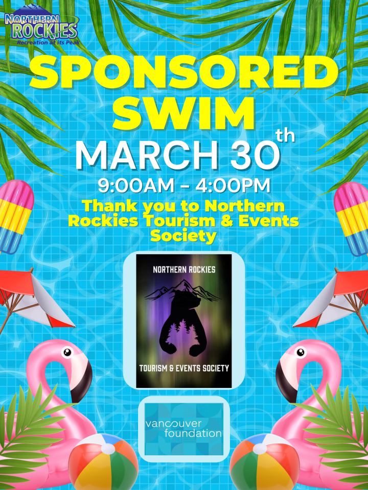 Event poster with flamingo graphics and pool background.