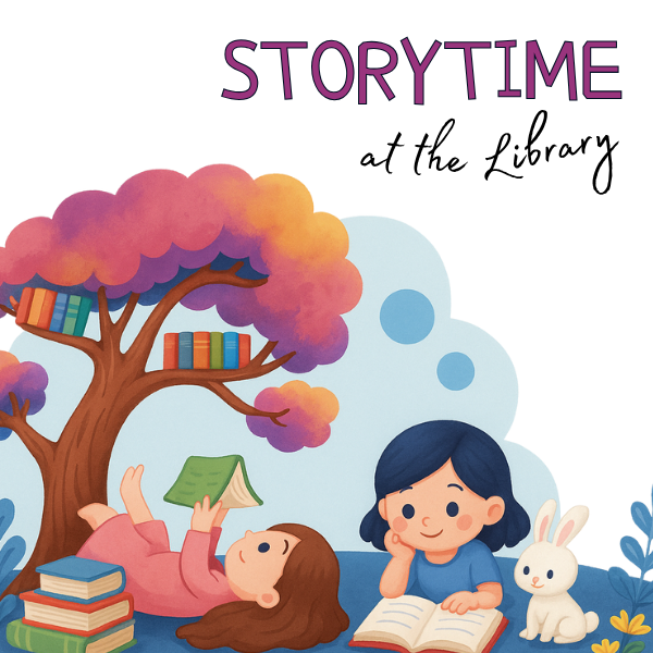 Children reading under a colorful tree with books, smiling with a rabbit nearby.