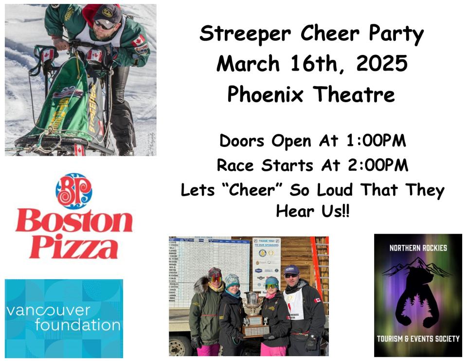 Event slyer with sponsor logos and sled dog racer.