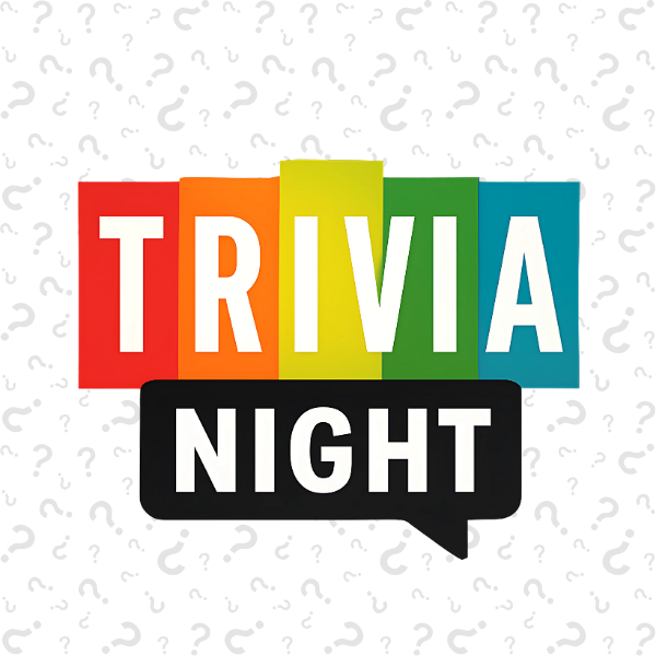 Trivia Night logo with colourful letters and question marks.