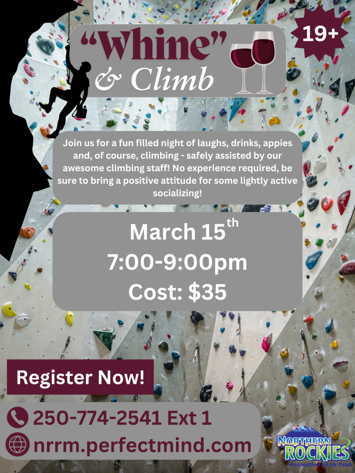 Event flyer with wine glasses against a climbing wall background.