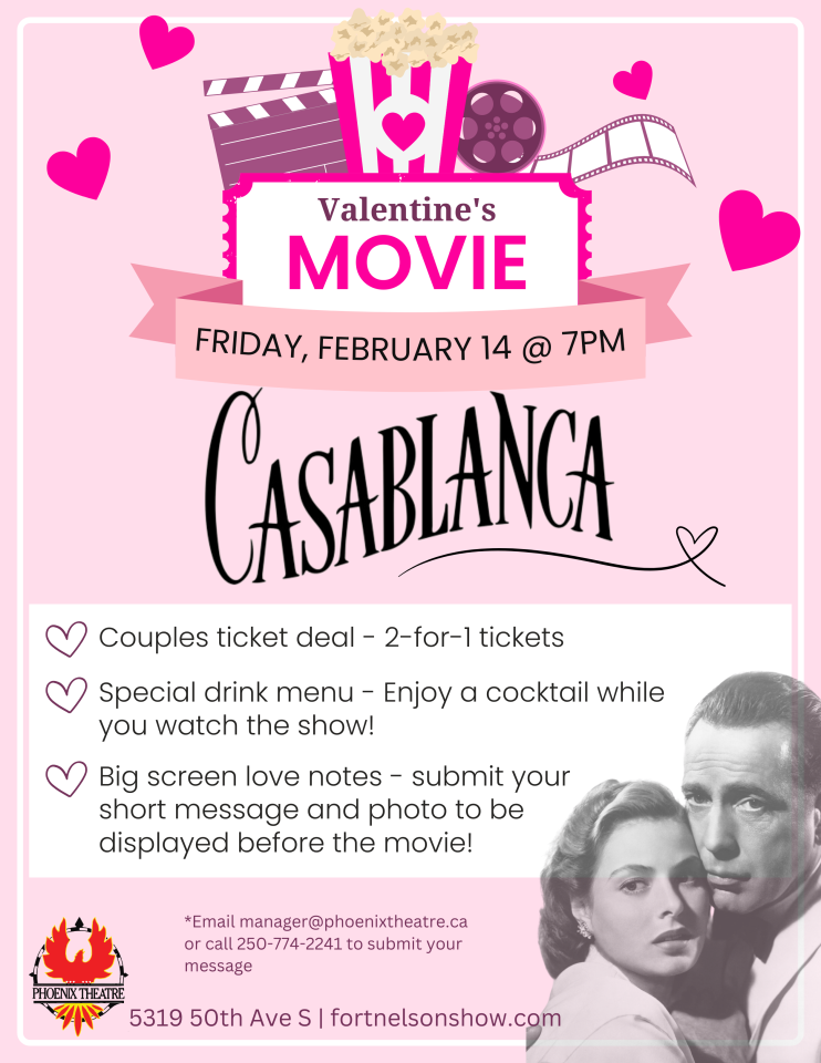 Valentine's movie night promotion with film reel and pink hearts.