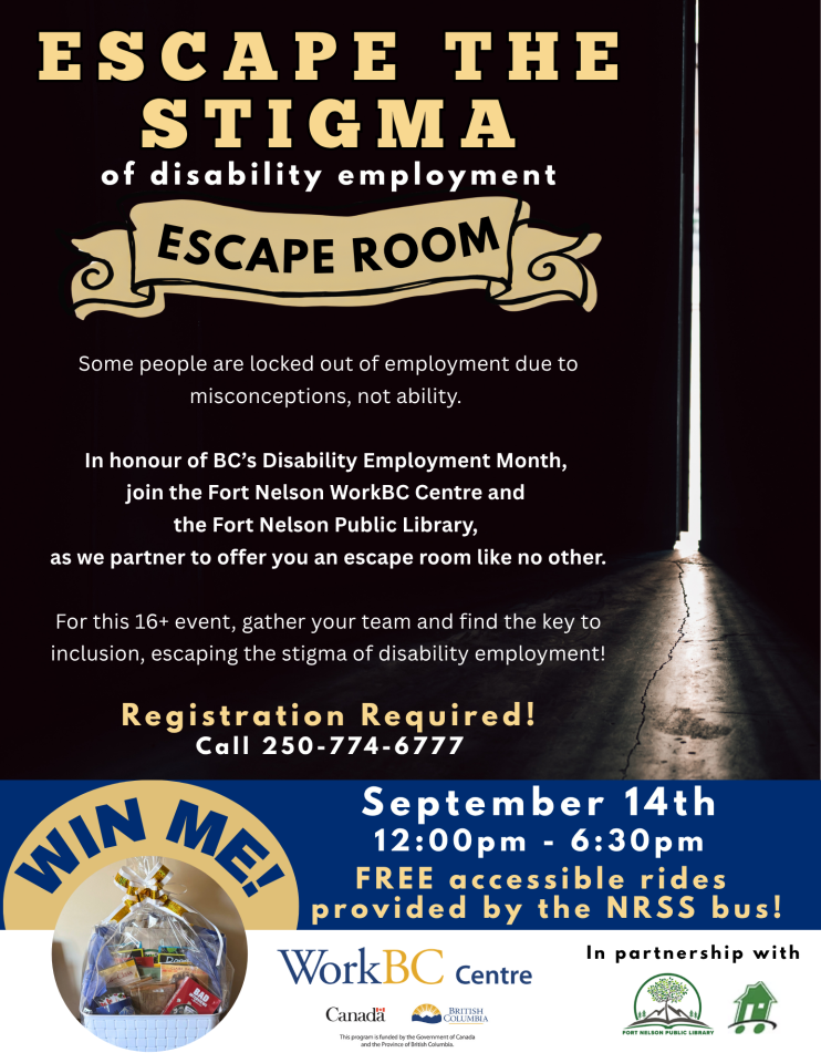 Event details listed on a dark background. A door is slightly open to the right of the page, with light pooling into the room. Prize basket and partnership logos of WorkBC, Fort Nelson Public Library, and Northern Rockies Seniors Society are also present.