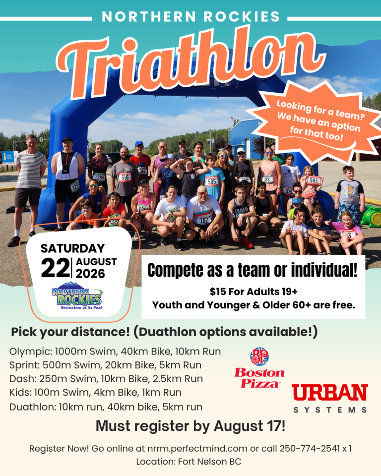 Triathlon poster with image of runners at finish line text "August 22, 2026 compete as a team or individual. Pick you distance options. Register by August 17!"