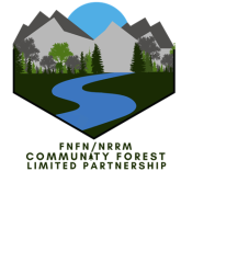 Community forest logo with mountains, trees, and a river.
