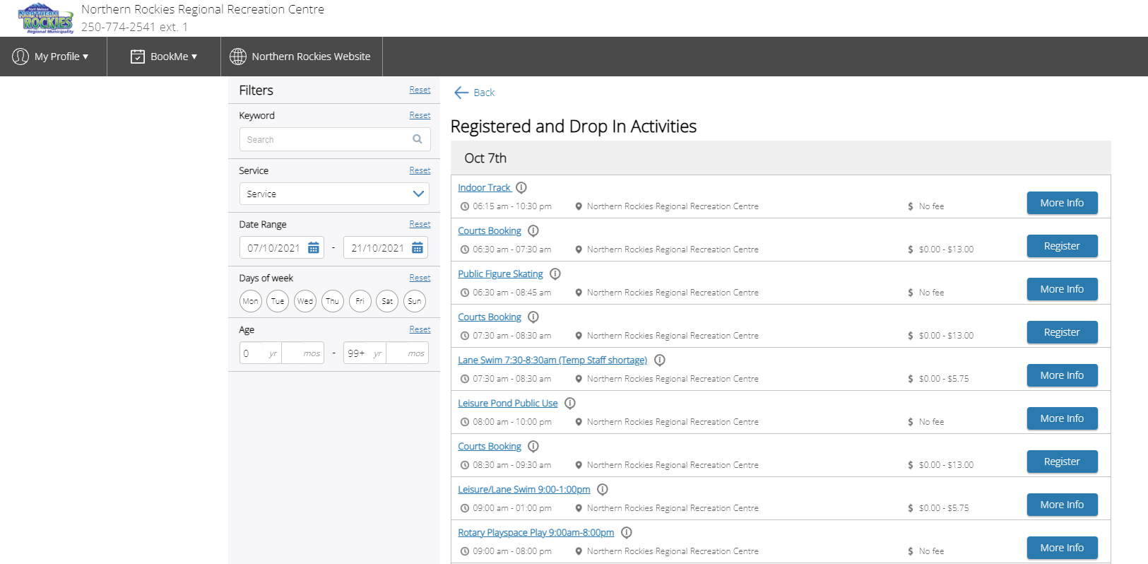Dashboard with a list of online activities and registration details.