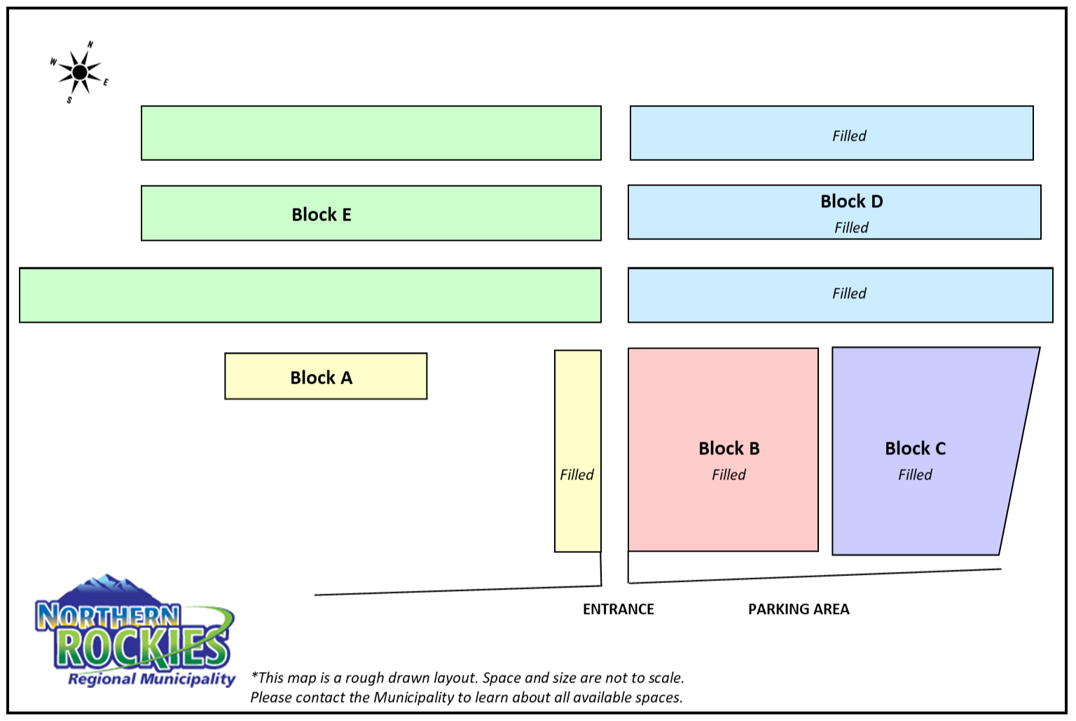 Map of cemetery blocks in various colours with a logo at the bottom left.