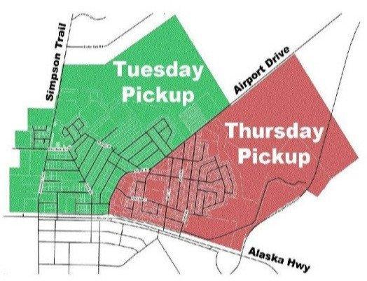Green and red map showing garbage pickup days for different areas.