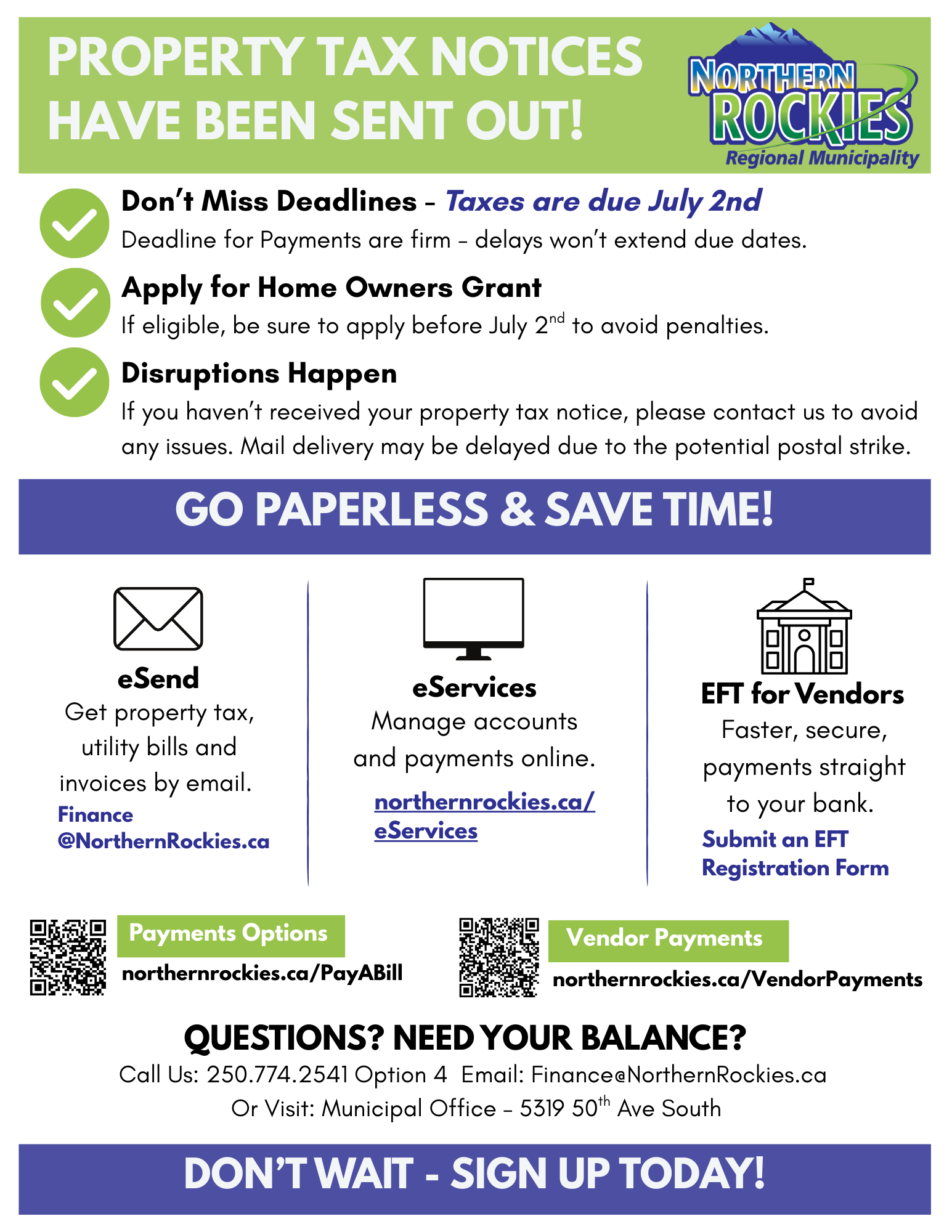 Property tax notice flyer with deadlines and online service options.