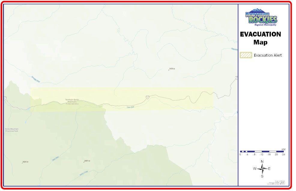 Evacuation map with highlighted area and compass directions.