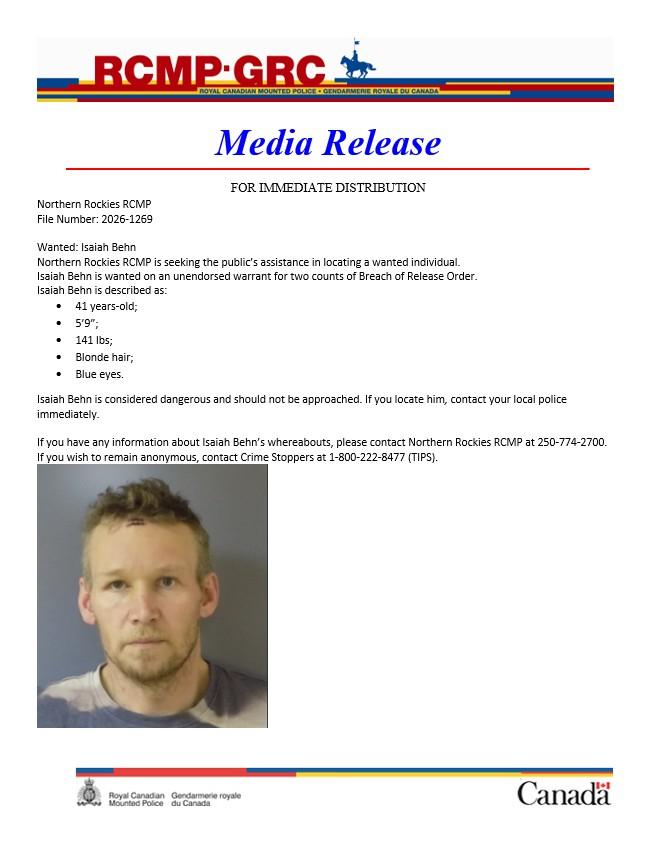 RCMP Media Release seeking publics assistance in wanted individual